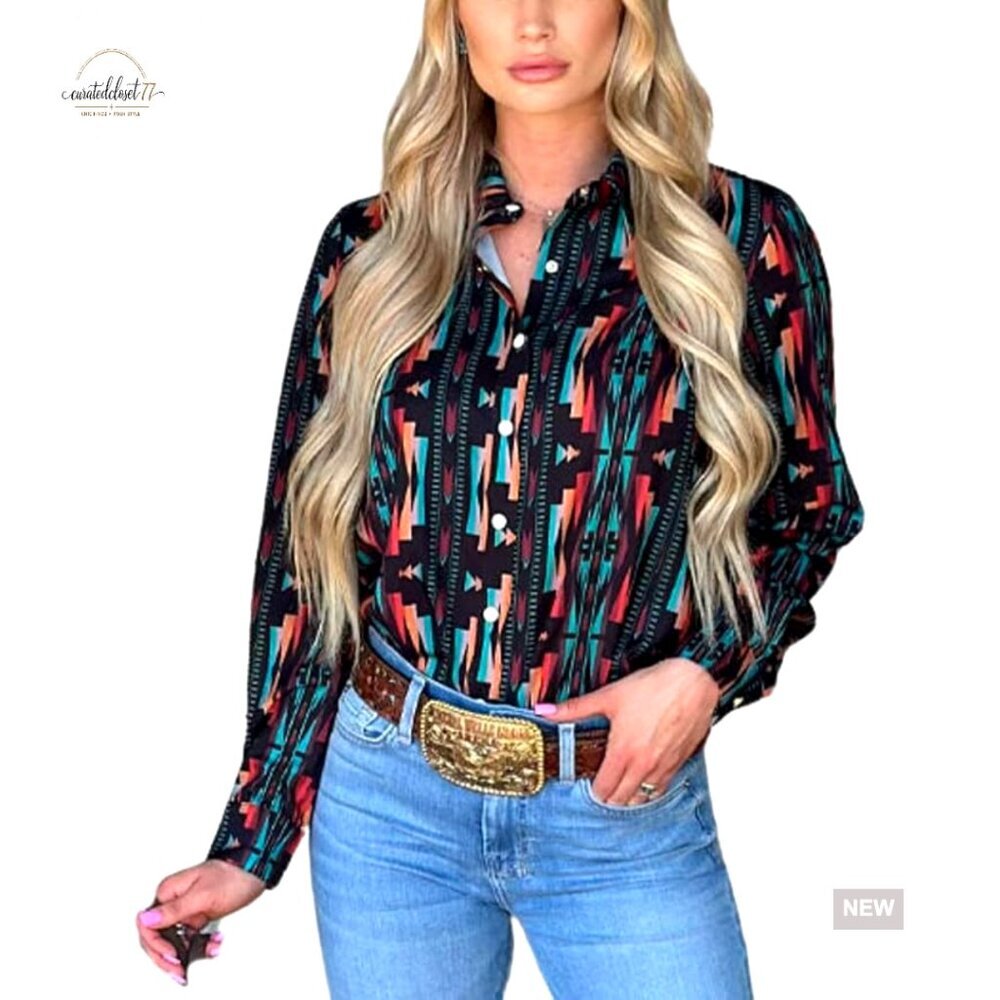 Women's Retro Aztec Western Pearl Snap Blouse Long Sleeve Button Up Top